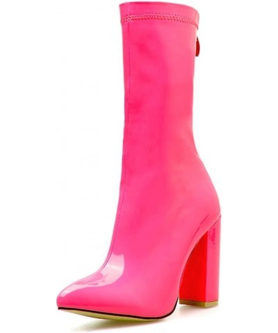 Womens Chunky High Heel Patent Booties Pointed Toe Ankle Boots Hot Pink $33.05 Boots