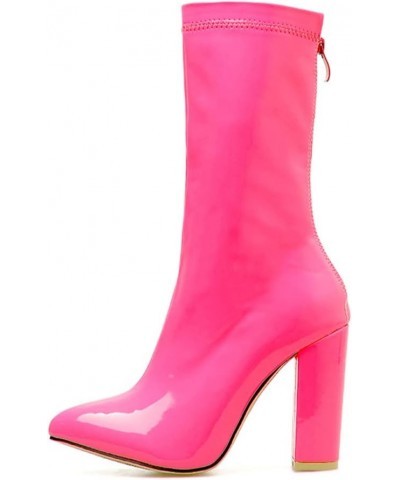 Womens Chunky High Heel Patent Booties Pointed Toe Ankle Boots Hot Pink $33.05 Boots