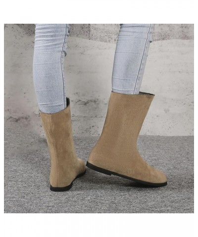 Women'S Fashion Solid Color Sand Surface Mid Calf Boots Pu Flat Heel Short Boots Heel Short Heel Mid Calf Boots Womens Boots ...