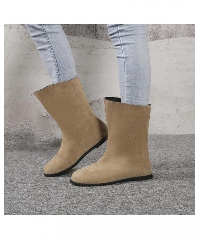 Women'S Fashion Solid Color Sand Surface Mid Calf Boots Pu Flat Heel Short Boots Heel Short Heel Mid Calf Boots Womens Boots ...