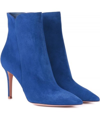 Women's Pointed Toe Ankle Boots 8.5CM High Heel Winter Booties Side Zipper Shoes Blue $32.66 Boots