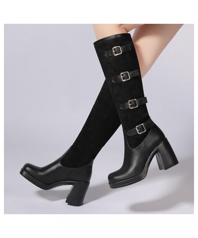 Autumn And Winter Women's Boots Leather Splice Colored Belt Buckle High Heel Sleeve High Knee High Boots for Women And Pull B...