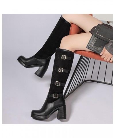 Autumn And Winter Women's Boots Leather Splice Colored Belt Buckle High Heel Sleeve High Knee High Boots for Women And Pull B...