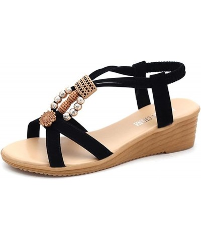 Women's Casual Side Hollow Stretchy Slope Heel Roman Shoes Summer Fashion Ladies Sandals Womens Summer Sandals Black $12.59 S...