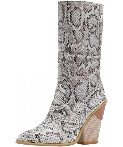 Womens Pointed Snakeskin High Chunky Heeled Slouch Ankle Boots White $32.92 Boots