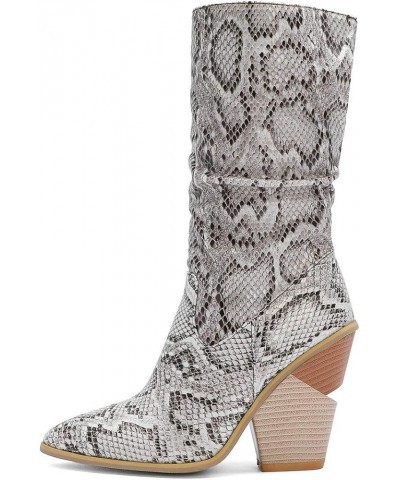 Womens Pointed Snakeskin High Chunky Heeled Slouch Ankle Boots White $32.92 Boots