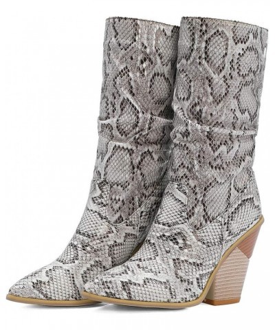 Womens Pointed Snakeskin High Chunky Heeled Slouch Ankle Boots White $32.92 Boots