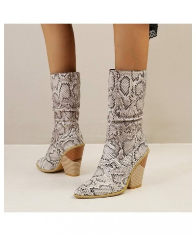 Womens Pointed Snakeskin High Chunky Heeled Slouch Ankle Boots White $32.92 Boots