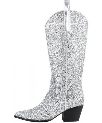 Women's Glitter Rhinestone Zipper Pointy Mid Calf Cowgirl Boots Block Heeled Western Booties Silver2 $39.94 Boots