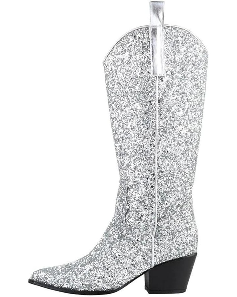 Women's Glitter Rhinestone Zipper Pointy Mid Calf Cowgirl Boots Block Heeled Western Booties Silver2 $39.94 Boots