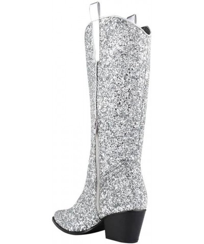 Women's Glitter Rhinestone Zipper Pointy Mid Calf Cowgirl Boots Block Heeled Western Booties Silver2 $39.94 Boots