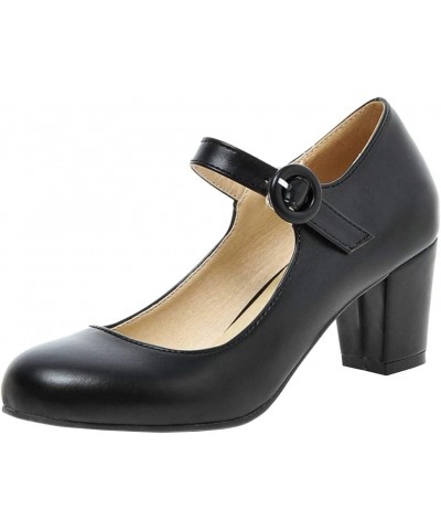 Womens Chunky Mary Janes Mid Heel Closed Toe Ankle Strap Pumps Black $18.89 Pumps