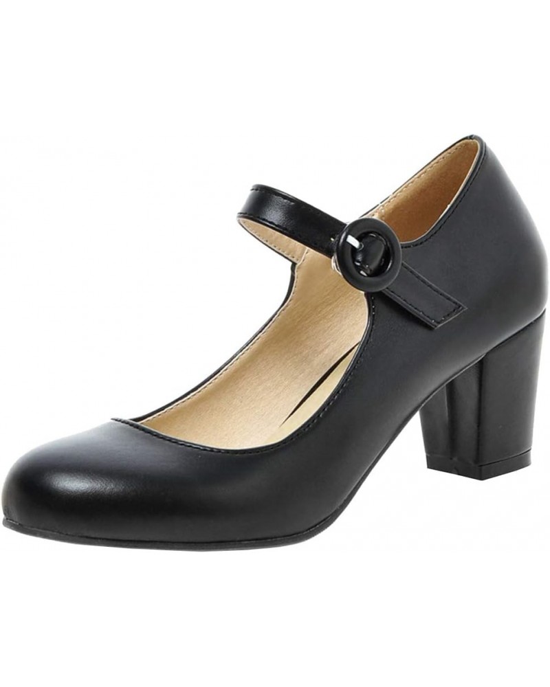 Womens Chunky Mary Janes Mid Heel Closed Toe Ankle Strap Pumps Black $18.89 Pumps