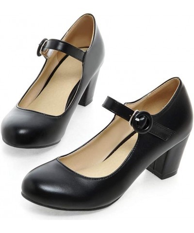 Womens Chunky Mary Janes Mid Heel Closed Toe Ankle Strap Pumps Black $18.89 Pumps