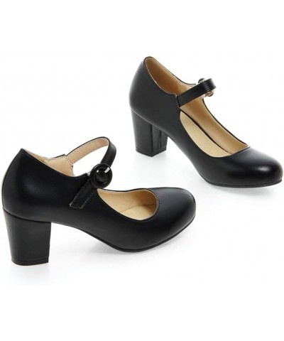 Womens Chunky Mary Janes Mid Heel Closed Toe Ankle Strap Pumps Black $18.89 Pumps