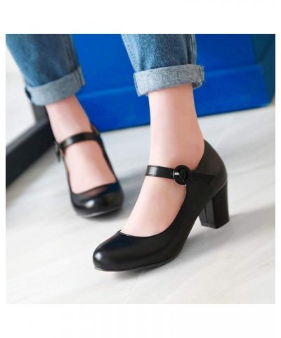 Womens Chunky Mary Janes Mid Heel Closed Toe Ankle Strap Pumps Black $18.89 Pumps