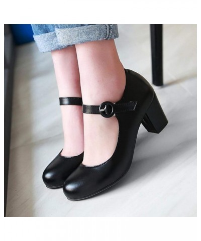 Womens Chunky Mary Janes Mid Heel Closed Toe Ankle Strap Pumps Black $18.89 Pumps