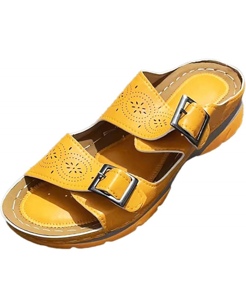 Women Wedge Sandals Women Summer Solid Color Buckle Strap Casual Open Toe Wedges Soft Bottom Breathable Slippers 9 Yellow $15...