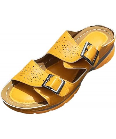 Women Wedge Sandals Women Summer Solid Color Buckle Strap Casual Open Toe Wedges Soft Bottom Breathable Slippers 9 Yellow $15...