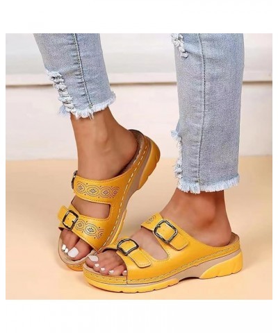 Women Wedge Sandals Women Summer Solid Color Buckle Strap Casual Open Toe Wedges Soft Bottom Breathable Slippers 9 Yellow $15...