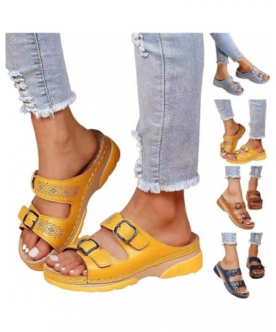 Women Wedge Sandals Women Summer Solid Color Buckle Strap Casual Open Toe Wedges Soft Bottom Breathable Slippers 9 Yellow $15...