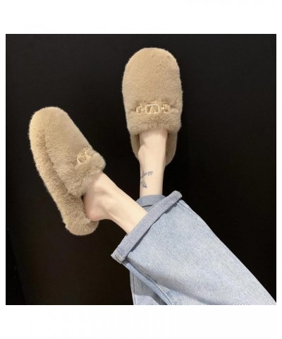 Women's Fuzzy Slippers Open Toe Fur Slides Fluffy Plush Slippers Furry Slip On Slippers House Shoes B2 Khaki $10.12 Slippers