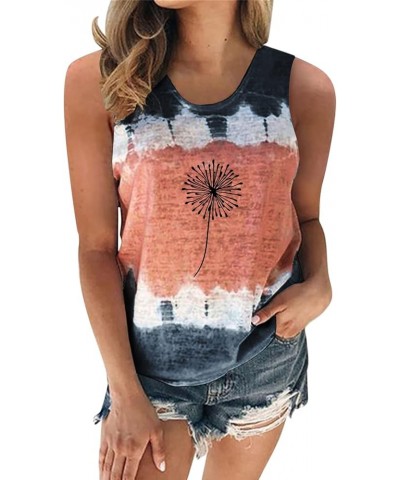 Womens Casual Round Neck Tie Dye Tank Dandelion Printing Sleeveless Vest T Shirt Blouse Tops Black - 2024 Independence Day $1...