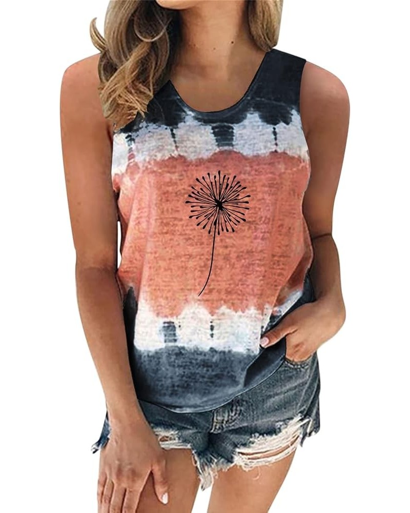 Womens Casual Round Neck Tie Dye Tank Dandelion Printing Sleeveless Vest T Shirt Blouse Tops Black - 2024 Independence Day $1...