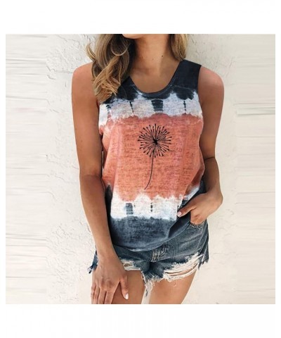 Womens Casual Round Neck Tie Dye Tank Dandelion Printing Sleeveless Vest T Shirt Blouse Tops Black - 2024 Independence Day $1...