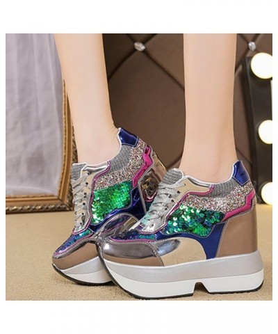 Trainers for Women Patchwork Colorful Sequin Lace-Up High-Top Chunky Shoes Anti-Slip Platform Breathable Sneakers Shoes Daily...