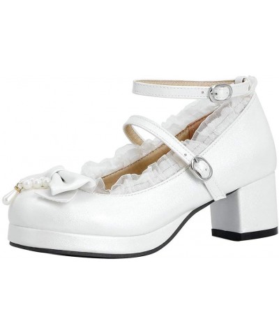 Women Mary Jane Lolita CosplayShoes Mid Chunky Heel Block Heeled Pumps Buckle Ankle Strap with Bow White $26.78 Pumps