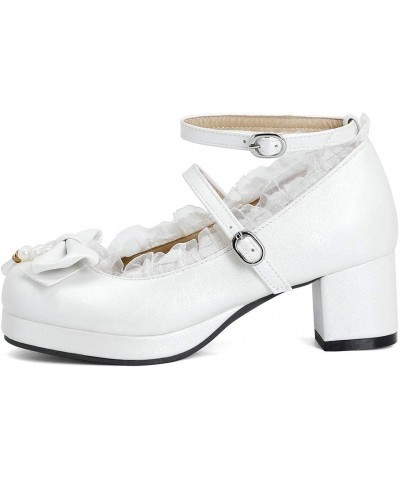 Women Mary Jane Lolita CosplayShoes Mid Chunky Heel Block Heeled Pumps Buckle Ankle Strap with Bow White $26.78 Pumps