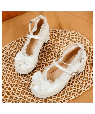 Women Mary Jane Lolita CosplayShoes Mid Chunky Heel Block Heeled Pumps Buckle Ankle Strap with Bow White $26.78 Pumps