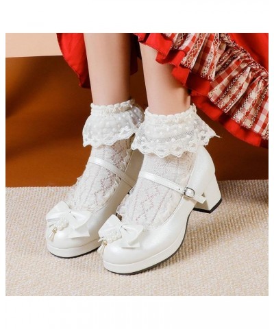 Women Mary Jane Lolita CosplayShoes Mid Chunky Heel Block Heeled Pumps Buckle Ankle Strap with Bow White $26.78 Pumps