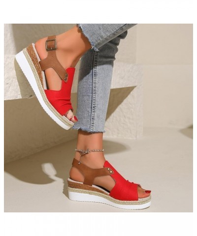 Women Footwea Stretch Low Heels Women's Athletic Outdoor Sandals Adjustable Square Toe Red $30.14 Outdoor Shoes