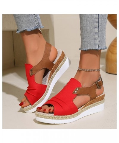 Women Footwea Stretch Low Heels Women's Athletic Outdoor Sandals Adjustable Square Toe Red $30.14 Outdoor Shoes