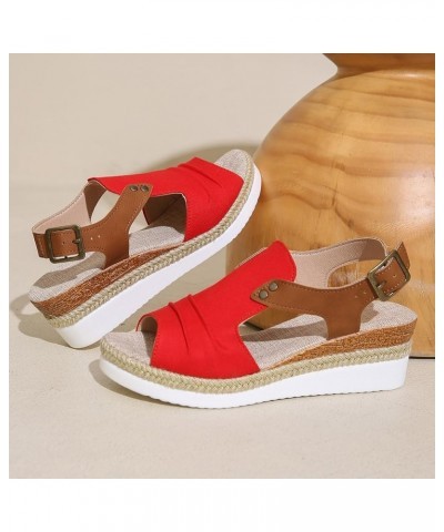 Women Footwea Stretch Low Heels Women's Athletic Outdoor Sandals Adjustable Square Toe Red $30.14 Outdoor Shoes