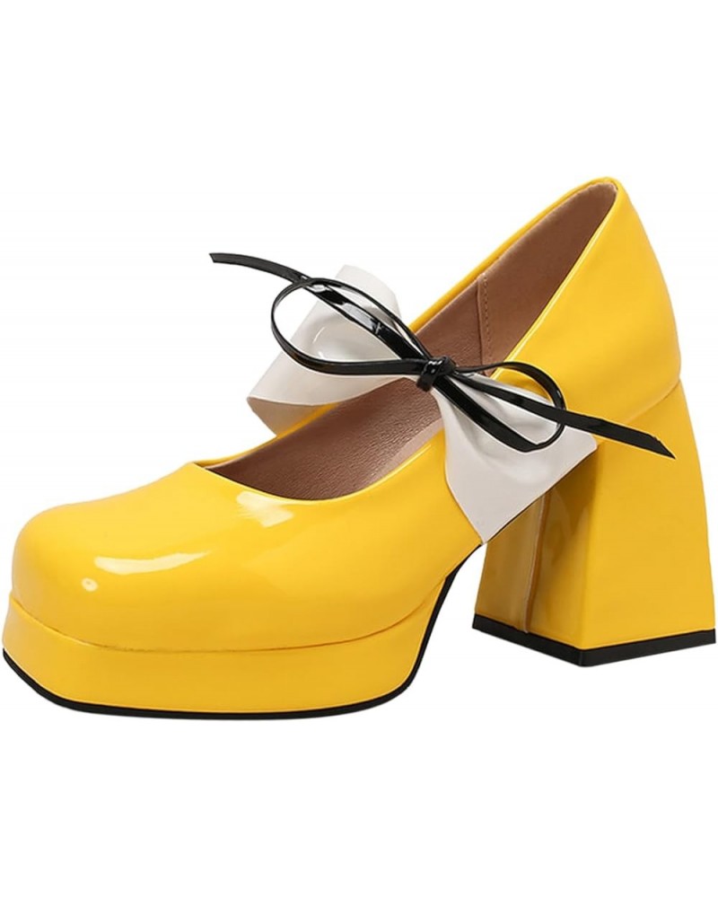 Womens Sandals Square Toe Chunky Heel Bowknot Band Womens Fashion Sandals Solid Color Summer Party Pumps Sandals Yellow $25.4...