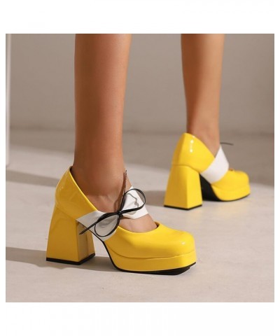 Womens Sandals Square Toe Chunky Heel Bowknot Band Womens Fashion Sandals Solid Color Summer Party Pumps Sandals Yellow $25.4...