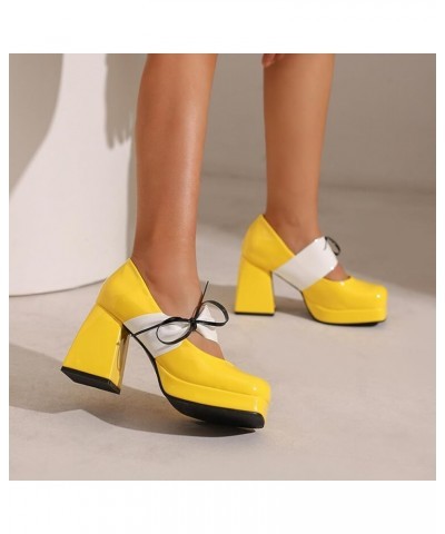 Womens Sandals Square Toe Chunky Heel Bowknot Band Womens Fashion Sandals Solid Color Summer Party Pumps Sandals Yellow $25.4...