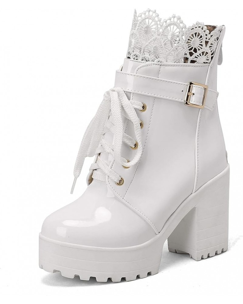 YUE Women High Heeled Booties Platform Shoes Patent Leather Short Boots Lace Up Shoe White $30.08 Boots