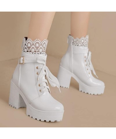 YUE Women High Heeled Booties Platform Shoes Patent Leather Short Boots Lace Up Shoe White $30.08 Boots