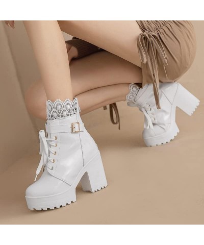 YUE Women High Heeled Booties Platform Shoes Patent Leather Short Boots Lace Up Shoe White $30.08 Boots