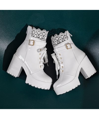 YUE Women High Heeled Booties Platform Shoes Patent Leather Short Boots Lace Up Shoe White $30.08 Boots