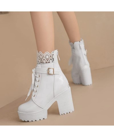 YUE Women High Heeled Booties Platform Shoes Patent Leather Short Boots Lace Up Shoe White $30.08 Boots