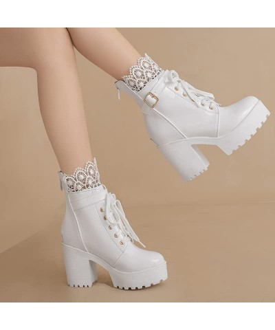 YUE Women High Heeled Booties Platform Shoes Patent Leather Short Boots Lace Up Shoe White $30.08 Boots