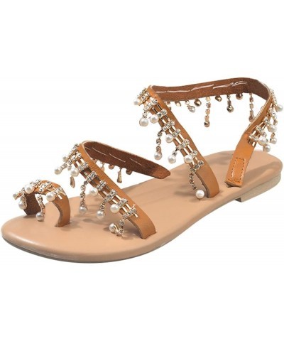 Women Ankle Strap Sparkle Pearl Low Wedge Sandals Casual Summer Bohemian Flats Peep Toe Flip-Flop Shoe 48-htrns-e-brown $11.3...