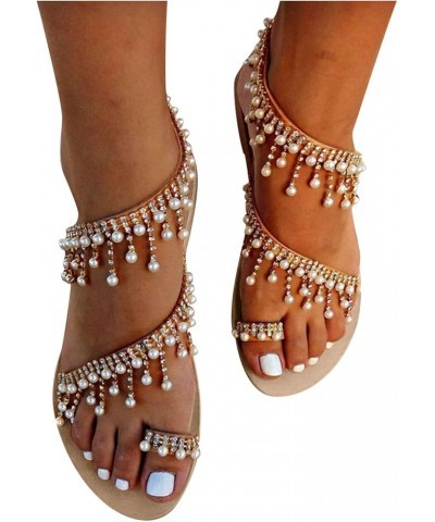 Women Ankle Strap Sparkle Pearl Low Wedge Sandals Casual Summer Bohemian Flats Peep Toe Flip-Flop Shoe 48-htrns-e-brown $11.3...