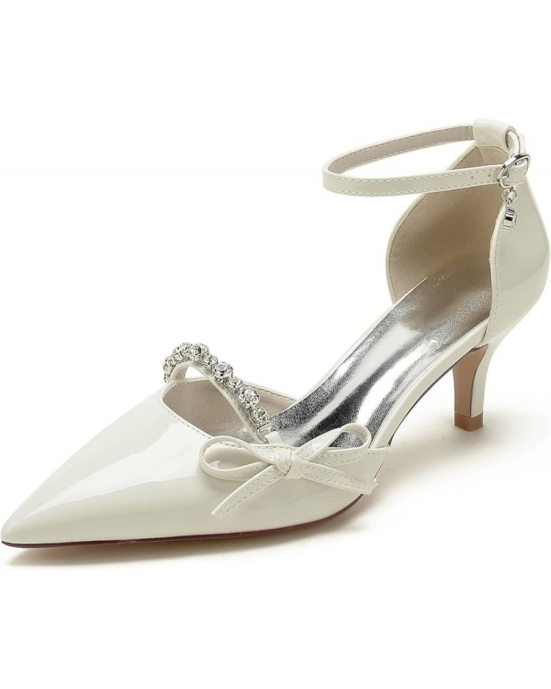 Women Ankle Strap Dress Pumps Low Heel Pointed Toe Rhinestones Bow Wedding Party Court Shoes U6869-16 Ivory $38.22 Pumps