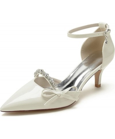 Women Ankle Strap Dress Pumps Low Heel Pointed Toe Rhinestones Bow Wedding Party Court Shoes U6869-16 Ivory $38.22 Pumps